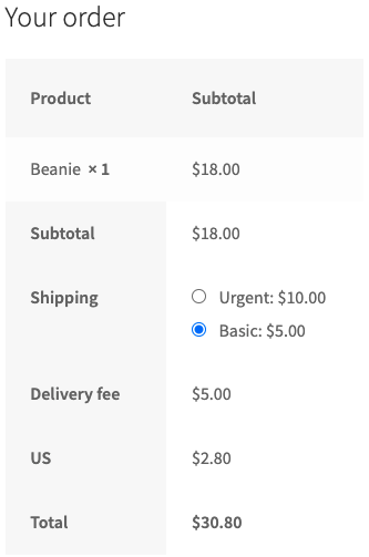 Delivery fee applied to the order during checkout