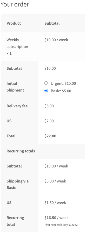 Subscription with a delivery fee in the initial order