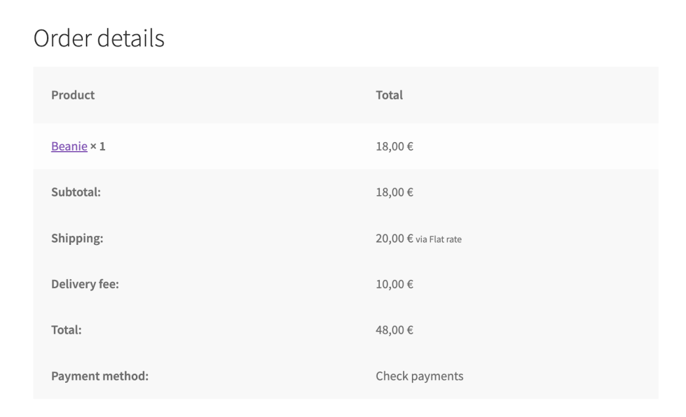 Order Delivery for WooCommerce order details with the delivery fee applied