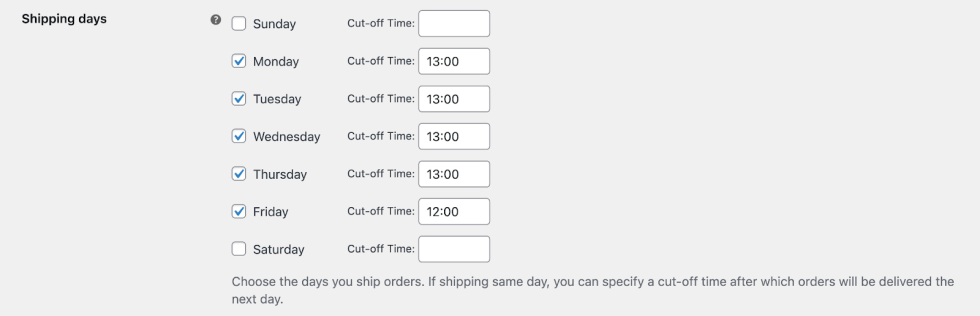 Example of the shipping cut-off times for the Order Delivery for WooCommerce extension.