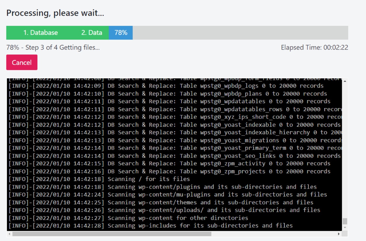 progress bar for creating a staging site