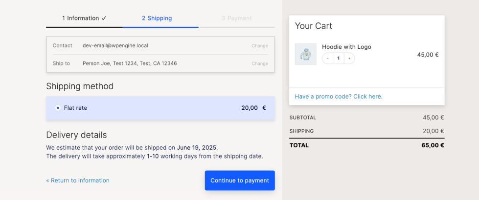 Checkout page with delivery details appearing in the shipping step