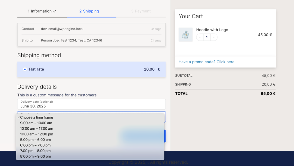 Checkout page with delivery date chosen and a specific time frame selector