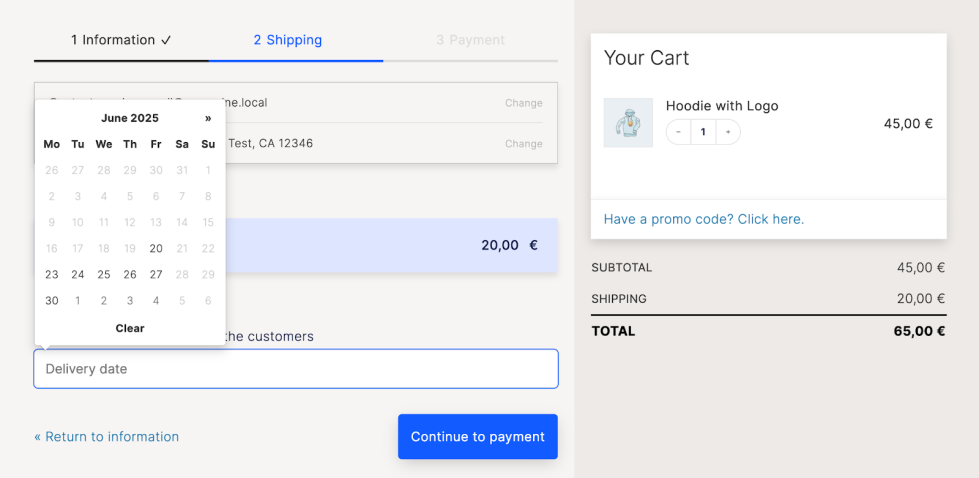 Checkout page with the delivery date calendar picker.