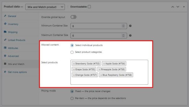 Mix and Match product content selection inputs in admin product meta box.