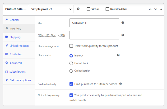 The Inventory tab of a simple product with the Not sold separately checkbox ticked, below the Sold individually setting