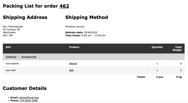 A packing slip created by the plugin WooCommerce Print invoices & Packing Lists including the delivery details