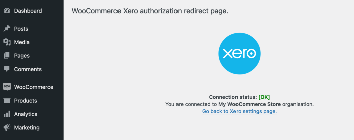 After clicking connect you will be taken back to the WooCommerce Xero page that will confirm the status of the connection.