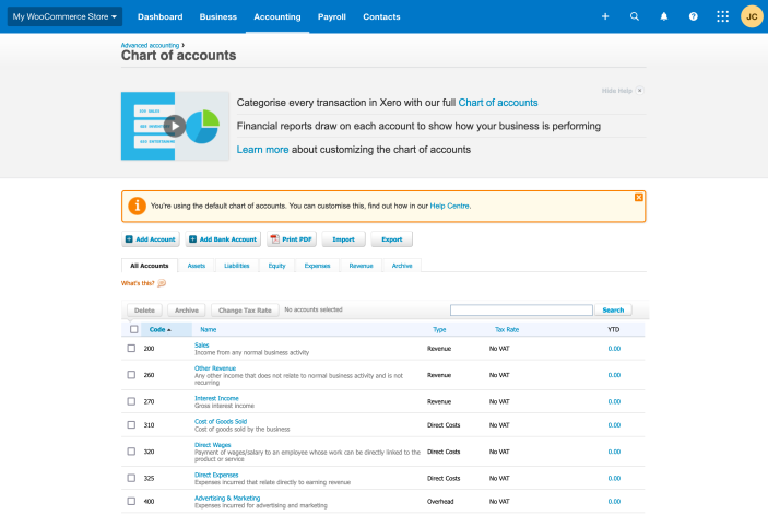 Xero provides a standard set of account codes that you can modify as necessary (default codes will vary by country)