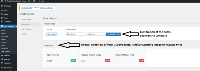 Per Brand Overview Table
Custom select the dates you want to compare. Overall overview of your live products, Products missing images or missing price