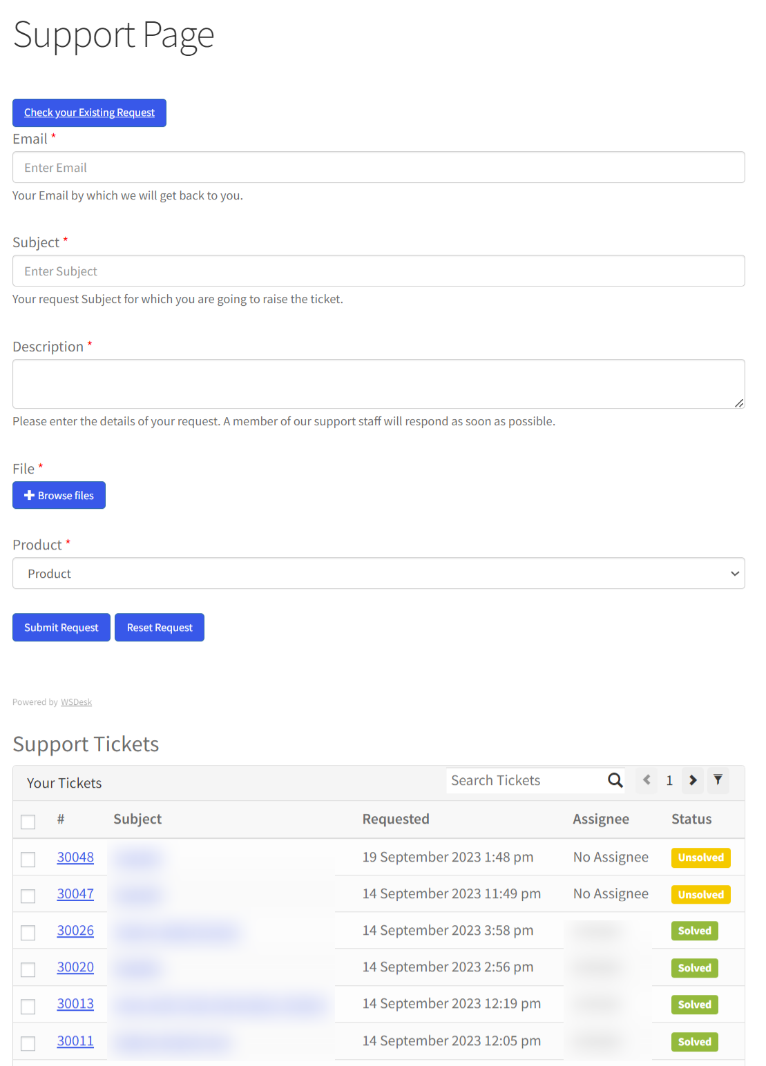 Including a support form alongside existing tickets