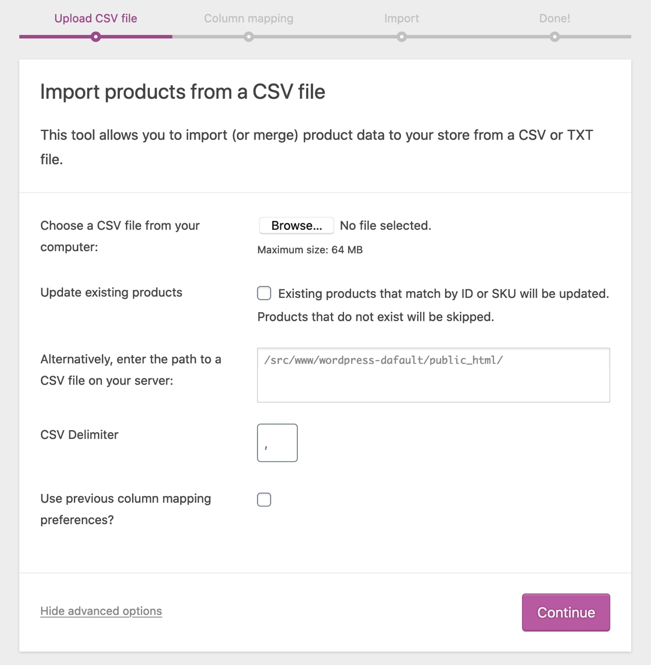 importing products from CSV file