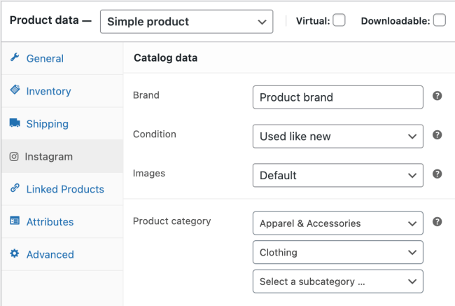 Catalog data in the product data metabox