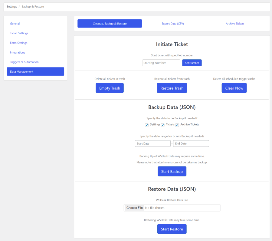 Tickets and plugin settings can be backed up and restored