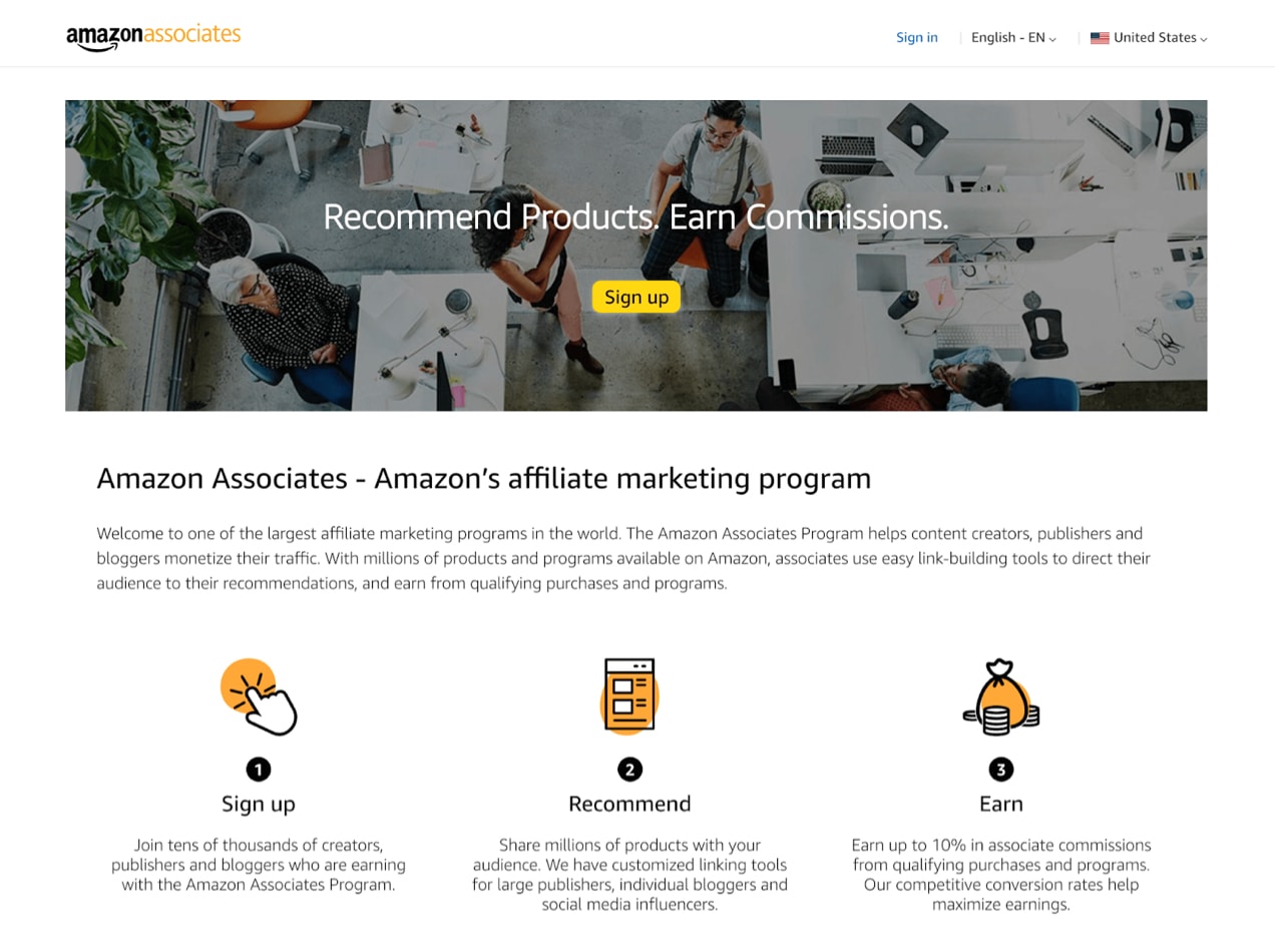 Page d'accueil des partenaires d'Amazon