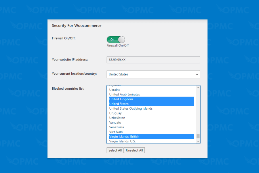 Block or allow purchase from multiple countries setting tab in Security for WooCommerce