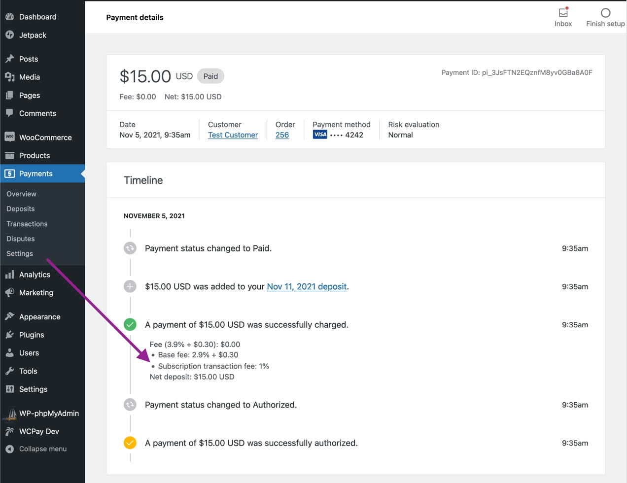 a subscription viewed in the WooCommerce Payments dashboard