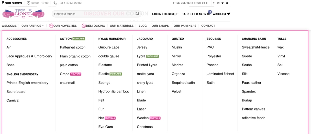 un menu déroulant avec des liens vers un certain nombre de catégories