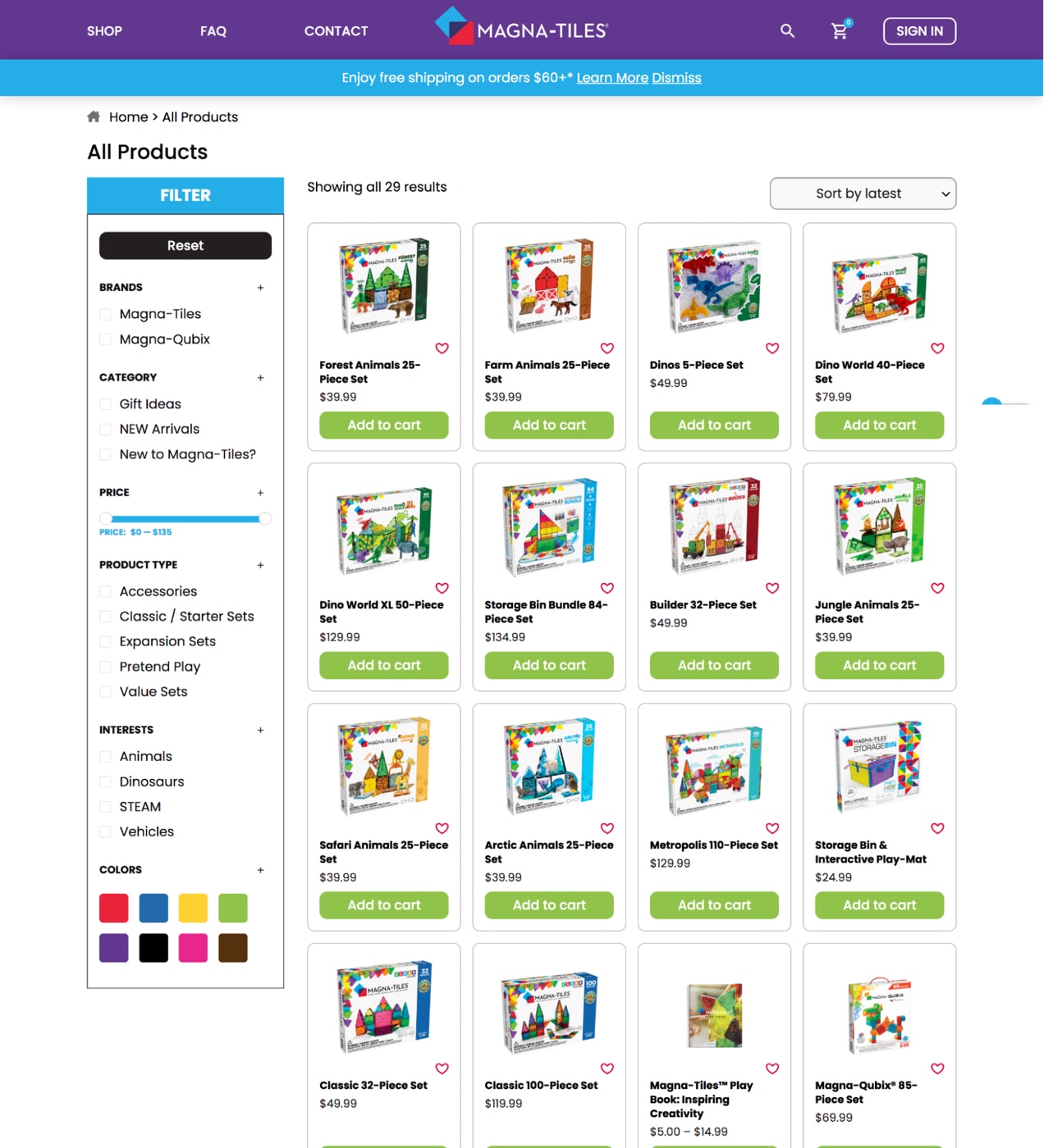 MagnaTiles product listings with filters in the sidebar