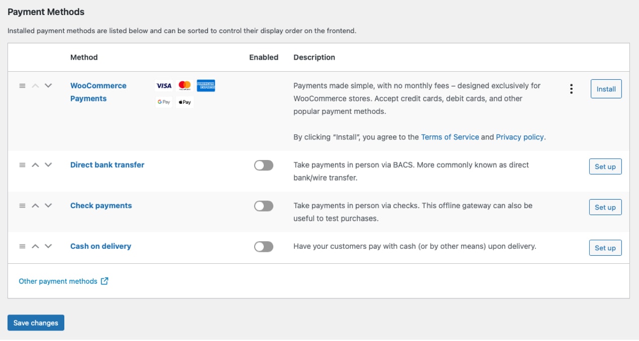 payment methods on a WooCommerce store