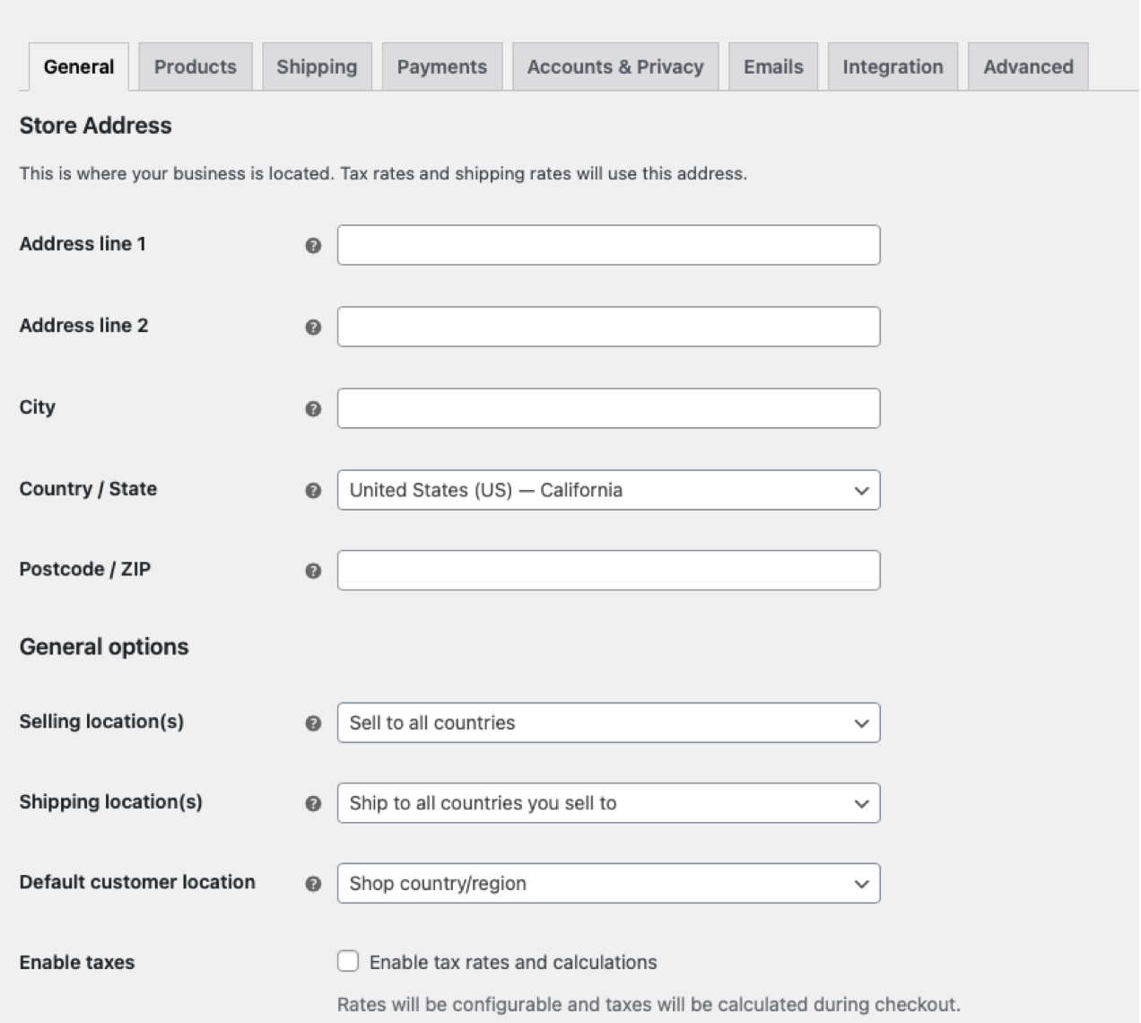 initial settings in WooCommerce