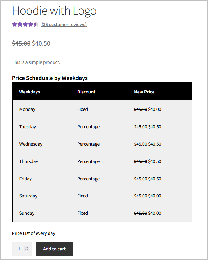WooCommerce price by weekday plugin