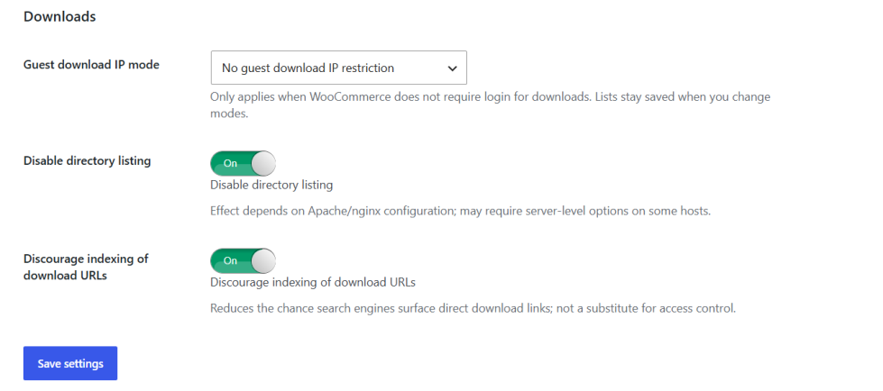 Secure download protection settings in Security for WooCommerce
