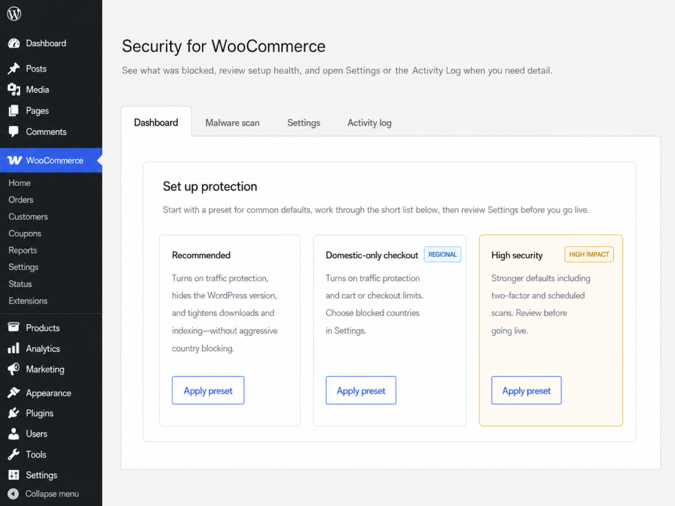 Manage store access, visitor restrictions, malware scanning, download protection, and WordPress hardening from one plugin.
