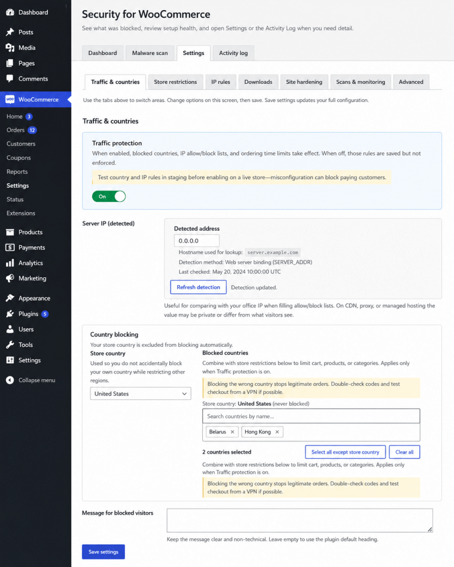 Country restriction settings for store access, products, cart, and checkout in Security for WooCommerce.