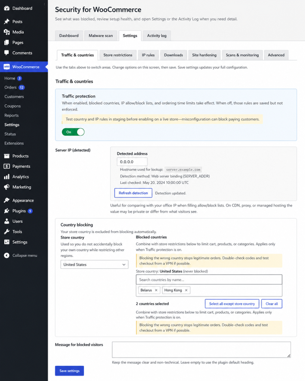Restrict access by country across your store, products, cart, and checkout.