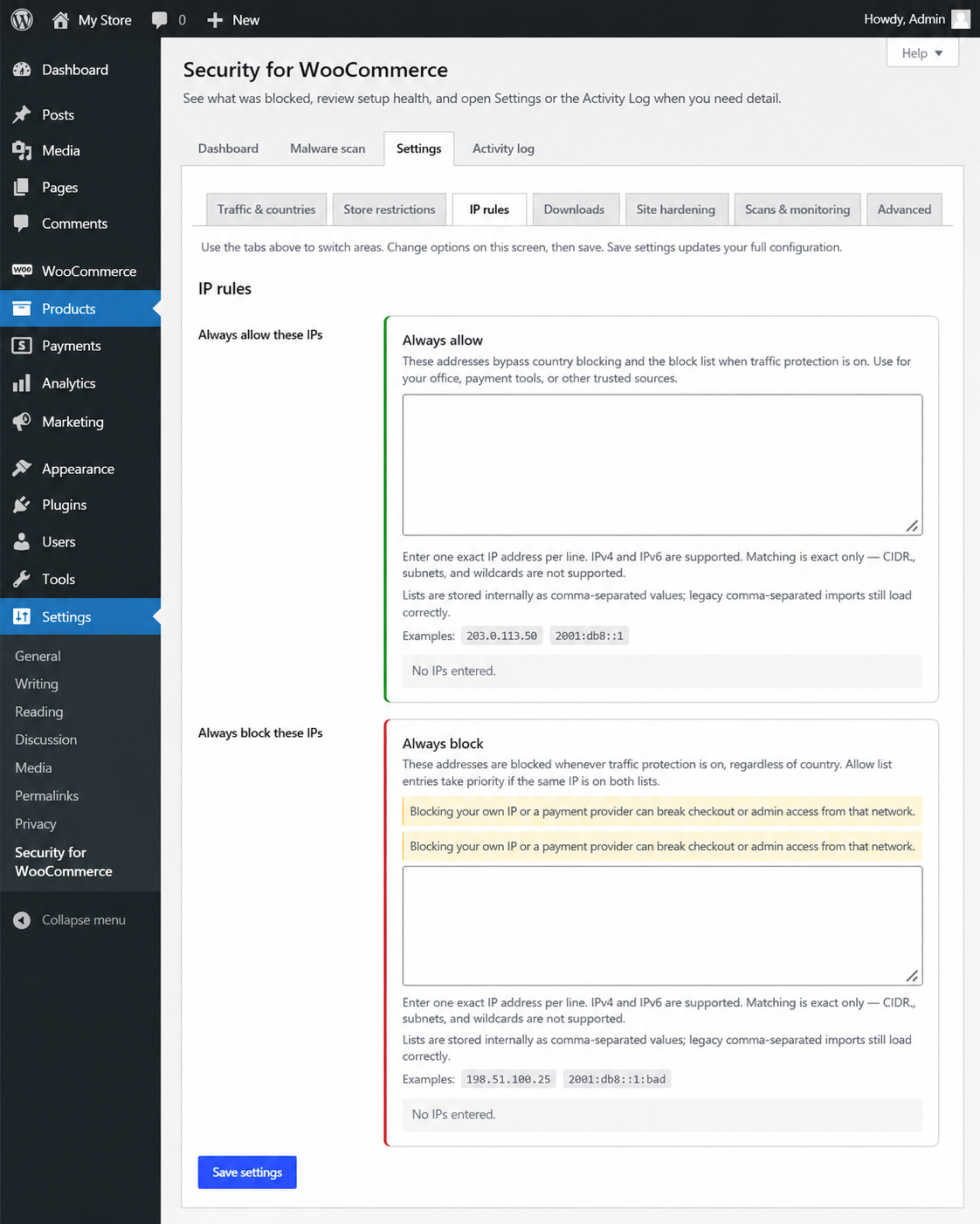 IP whitelist and blacklist settings in Security for WooCommerce