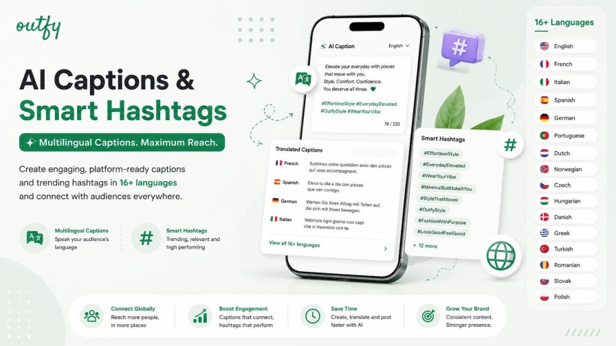 Multilingual AI captions and trending hashtags