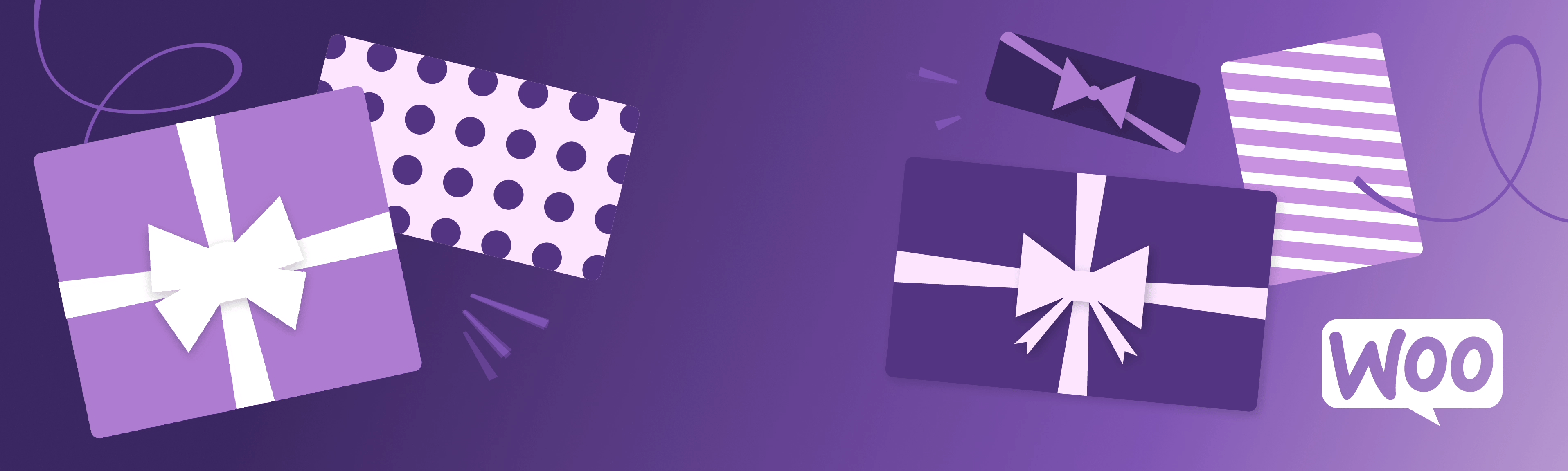 moving GIF with purple gift boxes and the WooCommerce logo