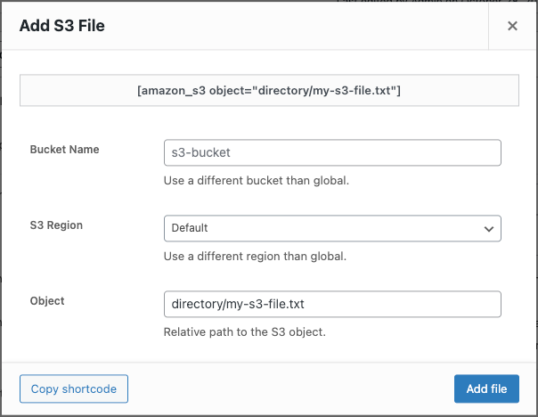 Add an S3 file by using the shortcode wizard.