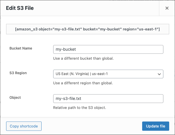 Edit an S3 file with the shortcode wizard.