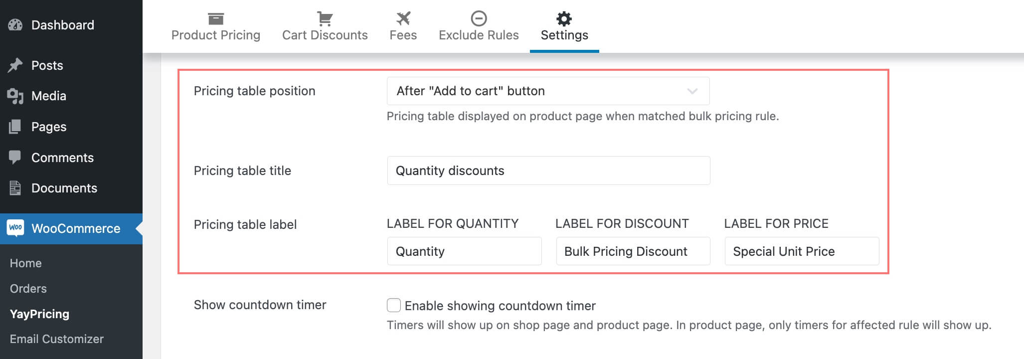 WooCommerce dynamic pricing settings for pricing table display