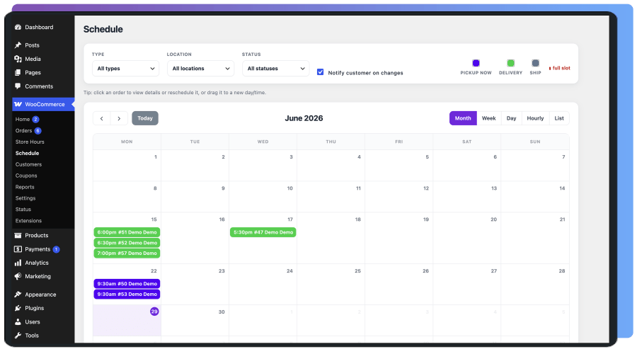WooCommerce admin Schedule board with drag-and-drop orders color-coded by pickup, delivery and ship