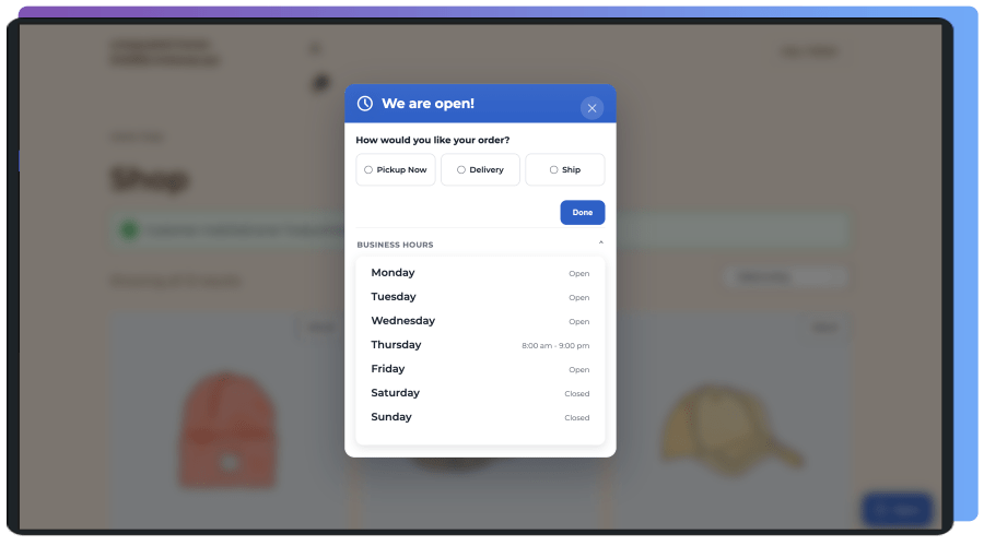 WooCommerce order-type widget letting customers choose pickup, delivery or ship before checkout