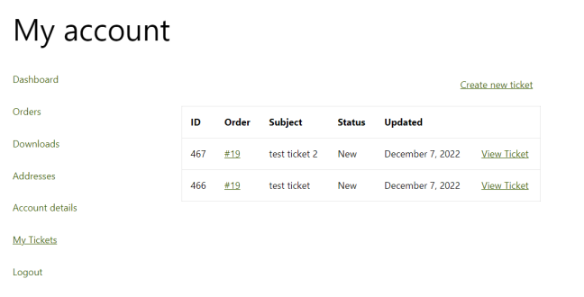 Zendesk Ticket Manager for WooCommerce - account view