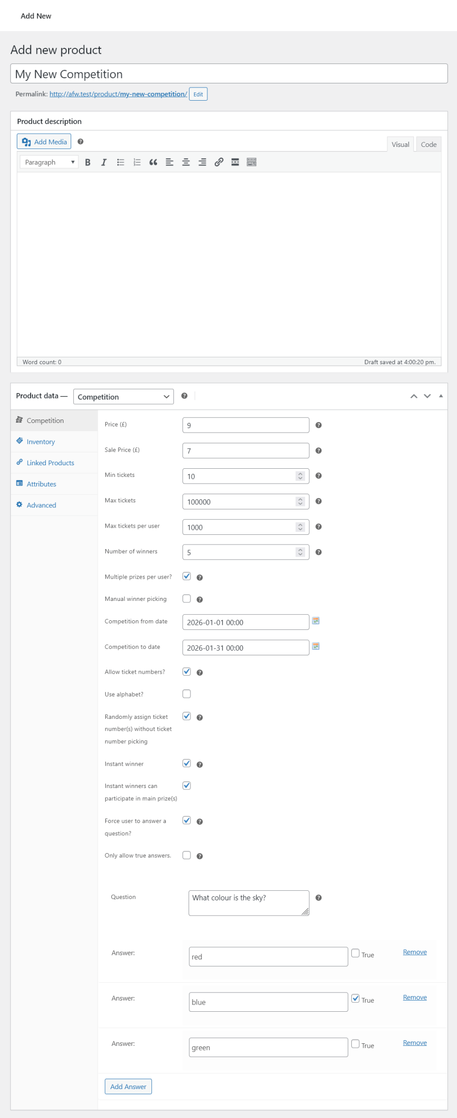 Add / edit competition page in WP-Admin