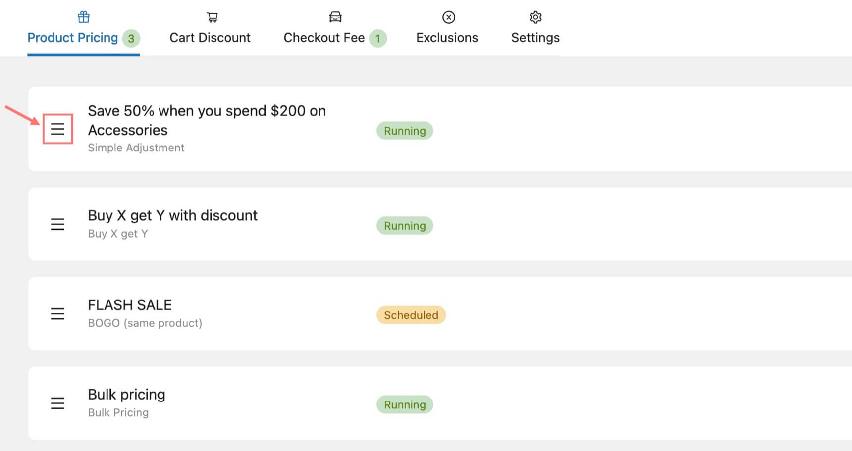 Drag and drop handle used to prioritize a WooCommerce discount rule
