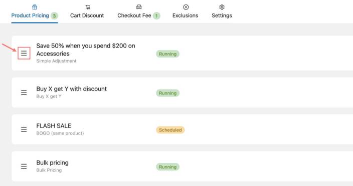 Drag and drop handle used to prioritize a WooCommerce discount rule