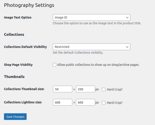 WooCommerce Photography settings page