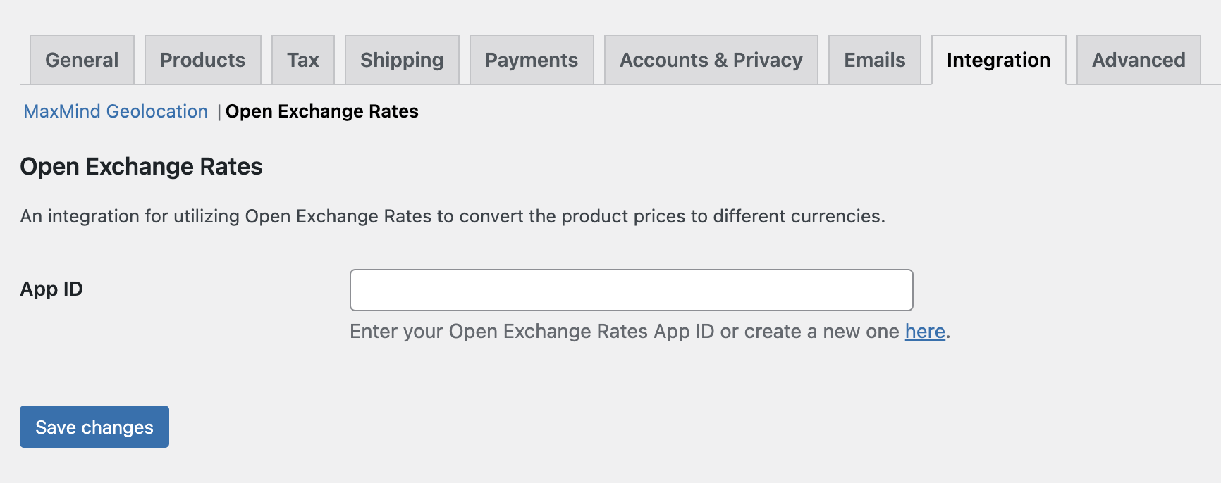 Settings page for configuring the Open Exchange Rates integration