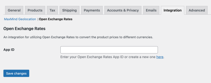 Settings page for configuring the Open Exchange Rates integration