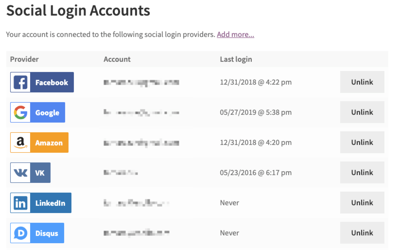 Managing Social Login accounts from the My Accounts page