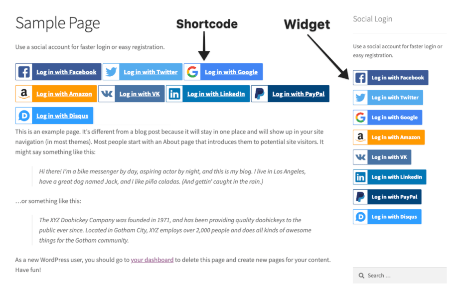 Shortcode and widget options for Social Login
