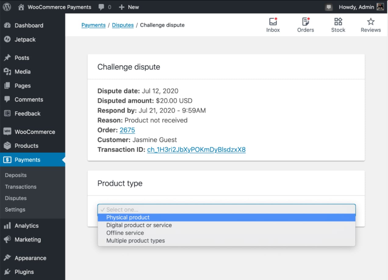 dispute response in WooCommerce Payments