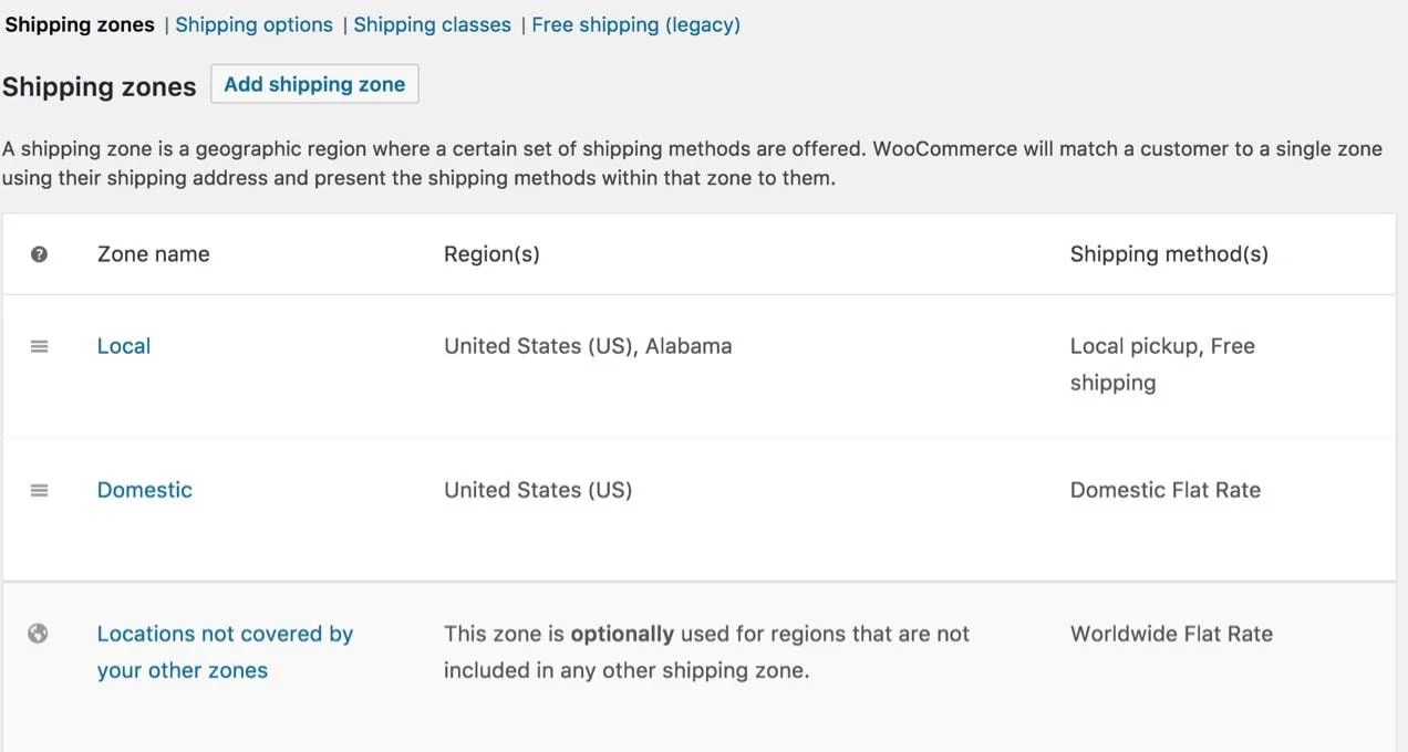 list of shipping zones for local and domestic shipping