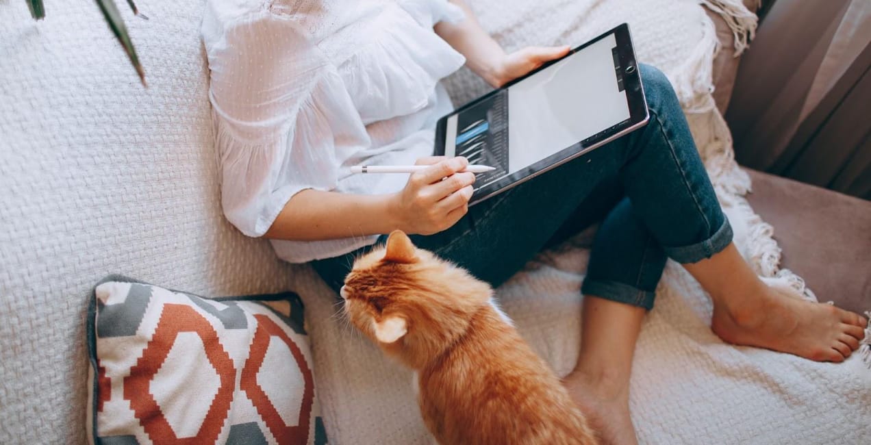 woman working on a tablet with a cat next to her